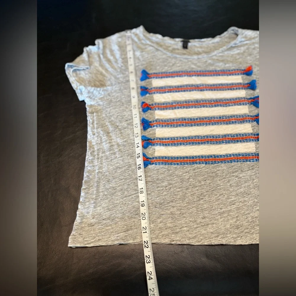J. Crew Heather Gray Short-Sleeve Tee with Blue and Orange Tassel Stripes